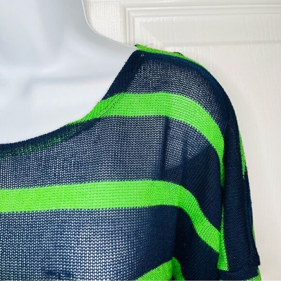 Chris & Carol Open Knit Dolman Short Sleeve Green Stripe Sweater Navy Blue S - Picture 3 of 11